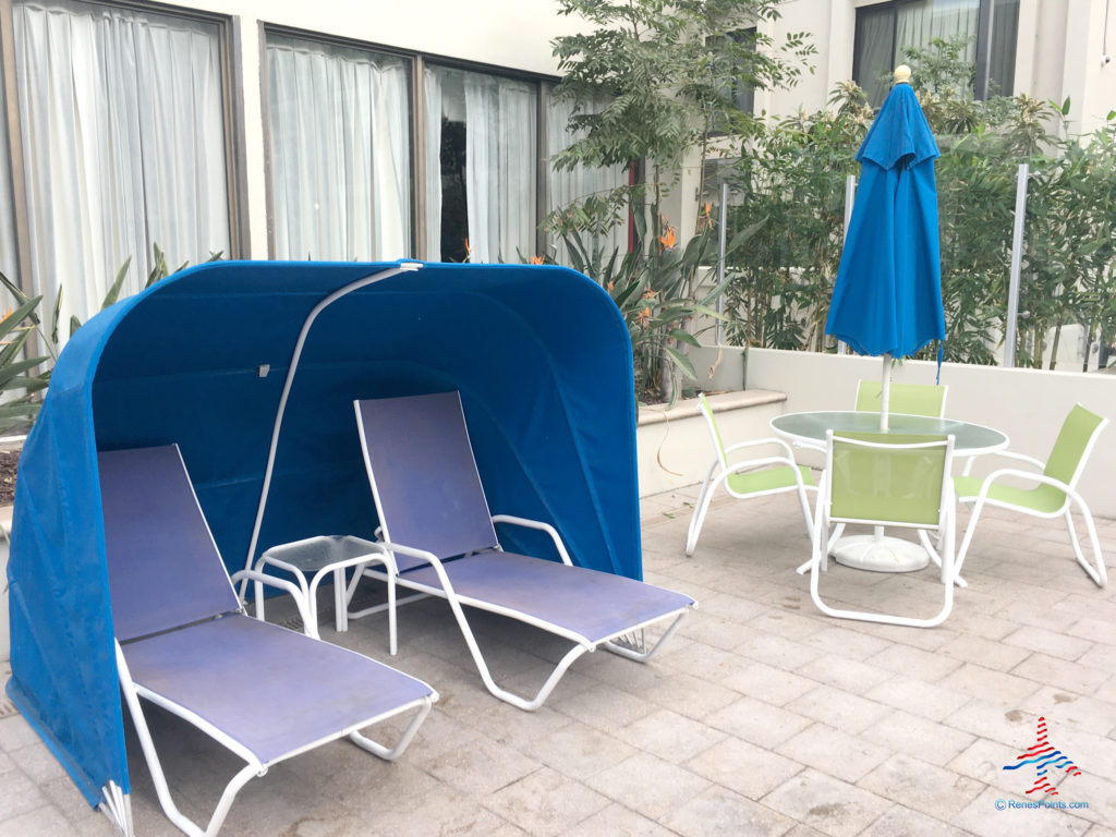 Deck chairs and patio furniture are seen at the Holiday Inn & Suites Anaheim hotel near Disneyland in Anaheim, California.