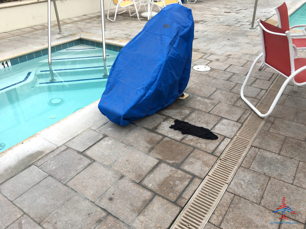 A discarded piece of swimwear is seen near the jacuzzi hot tub at the Holiday Inn & Suites Anaheim hotel near Disneyland in Anaheim, California.