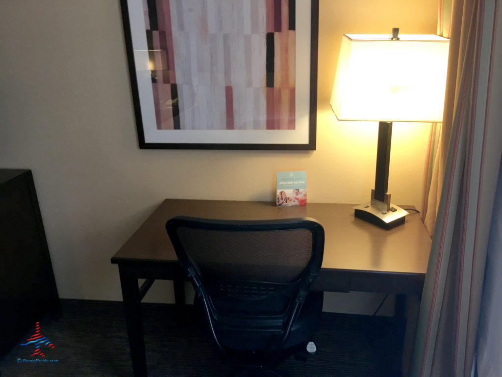 The desk is seen inside a guest room at the Holiday Inn & Suites Anaheim hotel near Disneyland in Anaheim, California.
