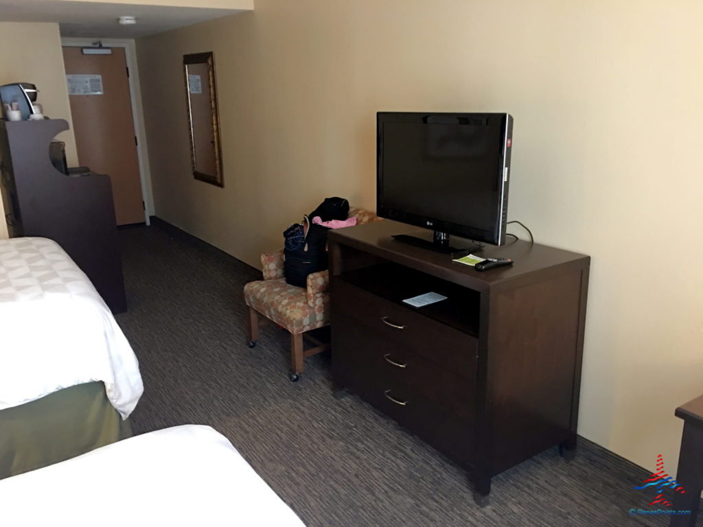 The television and dresser are seen inside a guest room at the Holiday Inn & Suites Anaheim hotel near Disneyland in Anaheim, California.