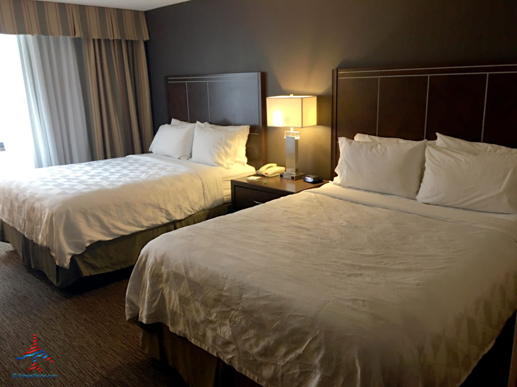 A two bed guest room is seen at the Holiday Inn & Suites Anaheim hotel near Disneyland in Anaheim, California.