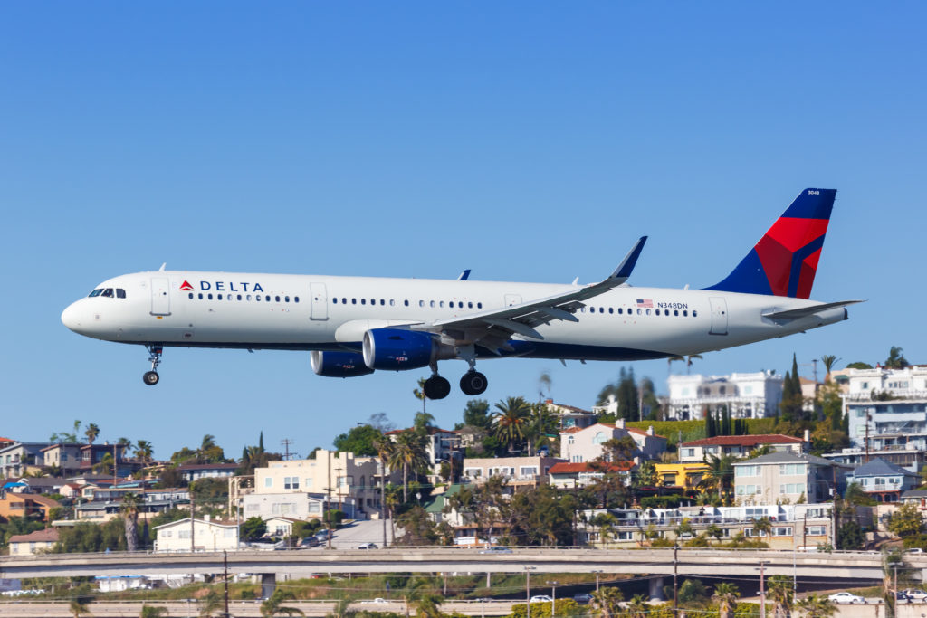 San Diego, California – April 13, 2019: Delta Air Lines Airbus A321 airplane at San Diego airport (SAN) in the United States.