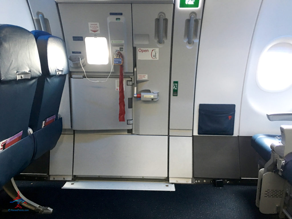 A exit row -- row 26 -- is seen on a Delta Air Lines Airbus A321 prior to retrofit.