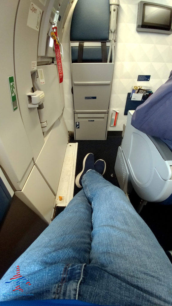 A view of legroom from seat 27A is seen on a Delta Air Lines Airbus A321.