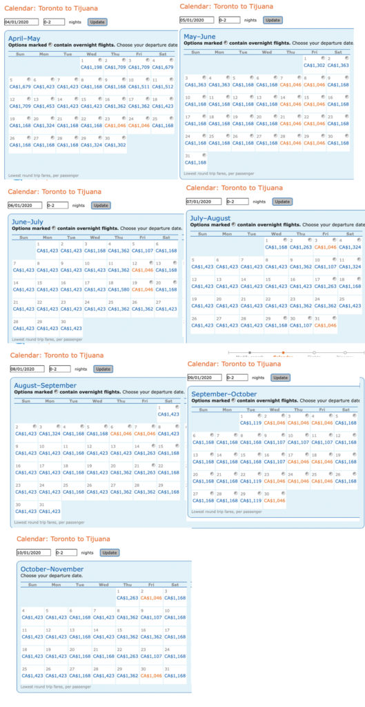 Toronto to Tijuana Aeromexico business class mileage run calendar -- 2020.
