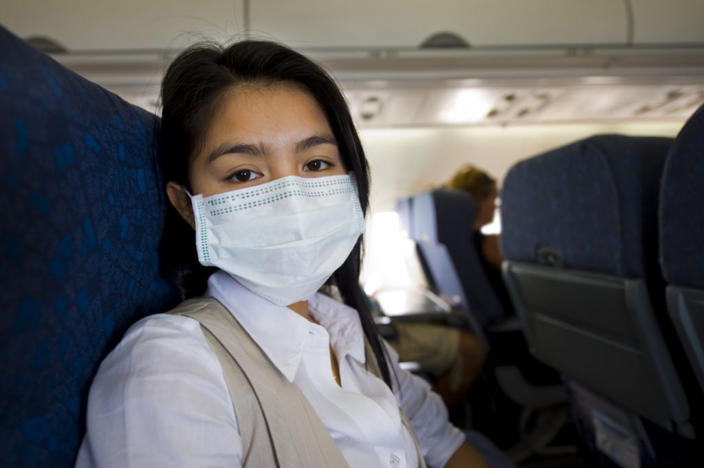 woman with protective mask in an airplane