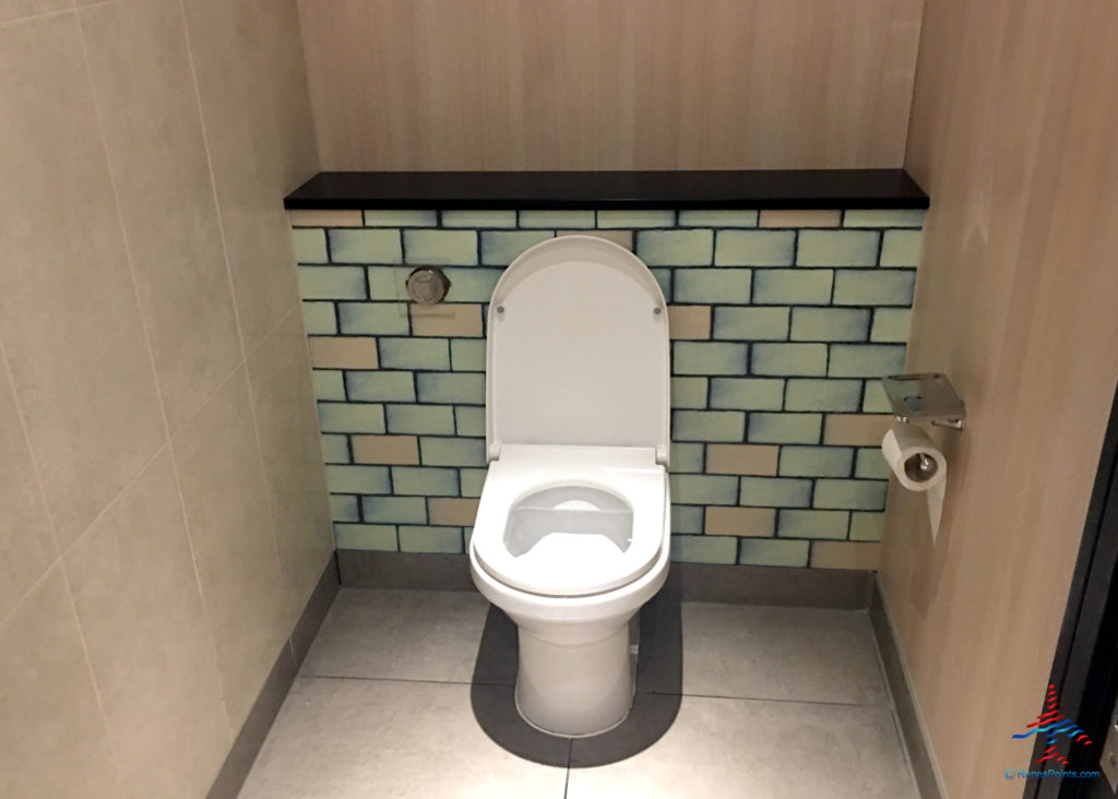 A toilet stall is seen at the Plaza Premium Arrivals Lounge at London Heathrow Airport Terminal 4.