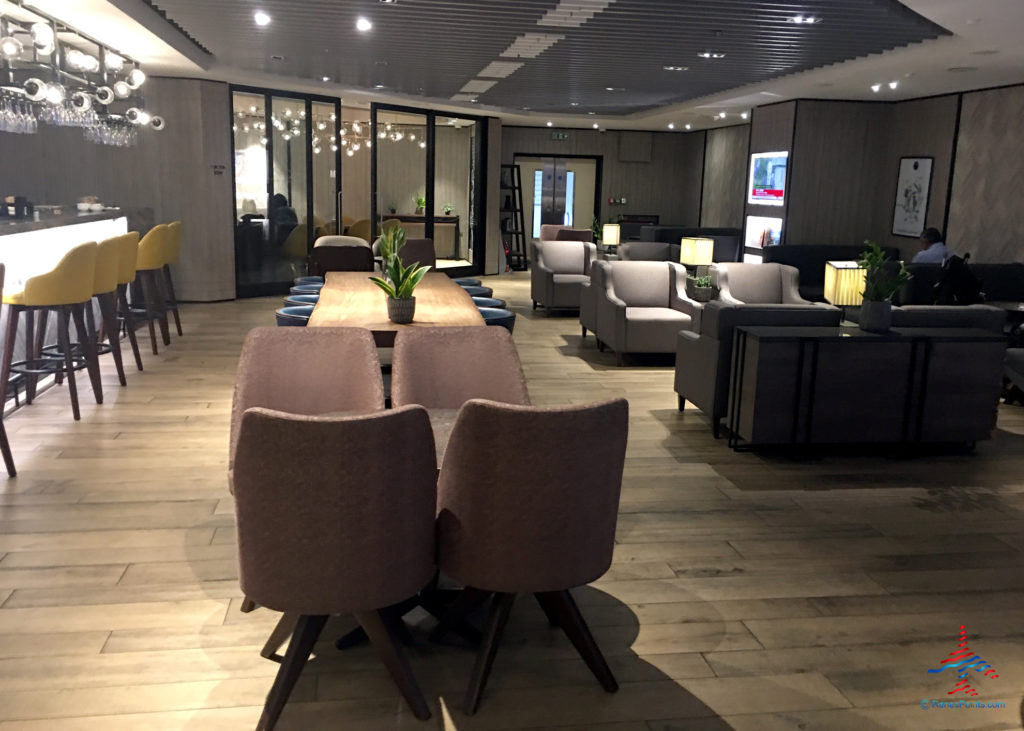 A seating area at the Plaza Premium Arrivals Lounge at London Heathrow Airport Terminal 4.
