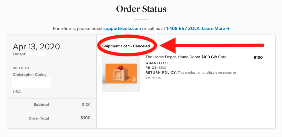 Zola order canceled for a Home Depot gift card.