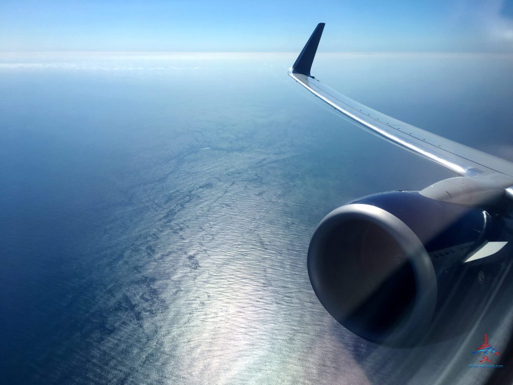 Starboard-side view of the Pacific Ocean, as seen from a Delta Air Lines Boeing 737 shortly after taking off from San Diego International Airport (SAN).