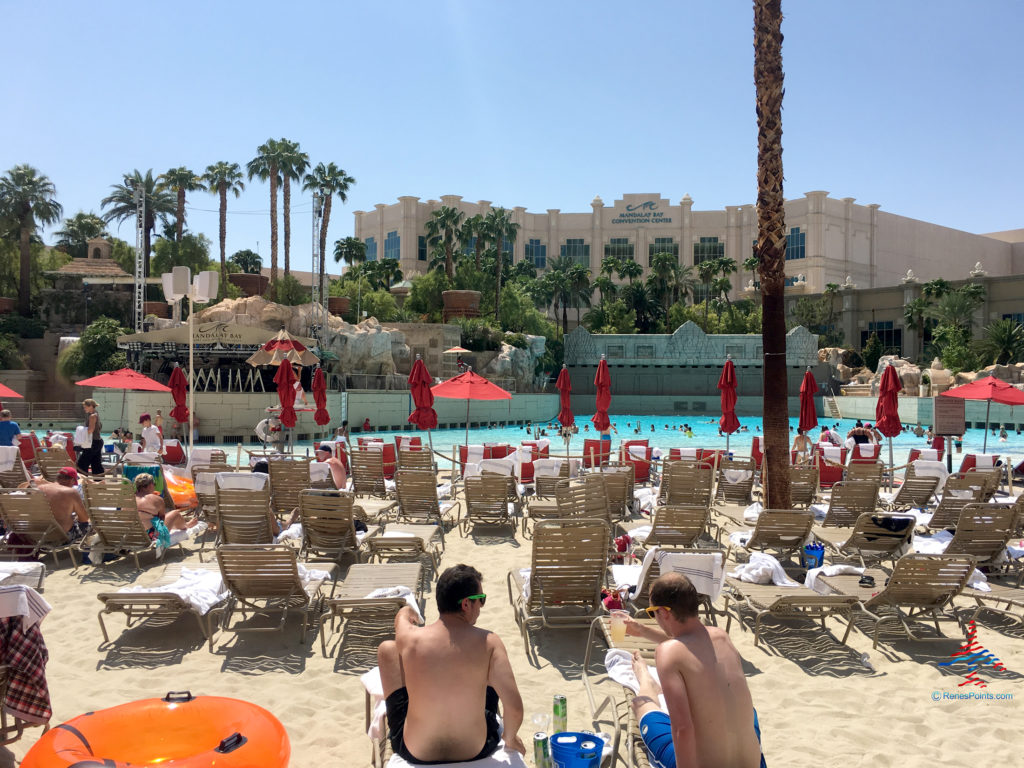 Guests relax at the Mandalay Bay beach and wave pool at Mandalay Bay Resort and Casino, on the Las Vegas Strip in Paradise, Nevada.