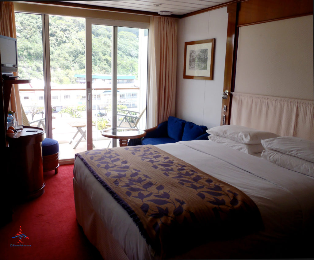 A stateroom with balcony is seen on the M/S Paul Gauguin Cruise ship.