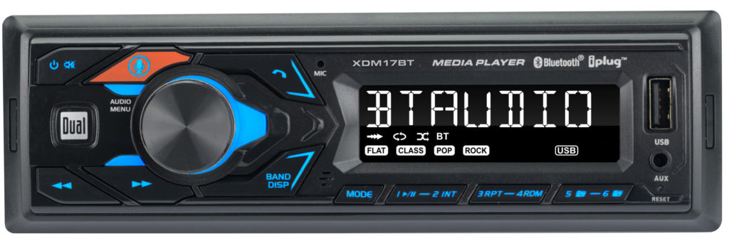 a black radio with a white and blue display