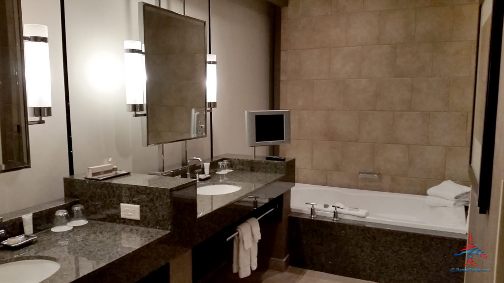 The bathroom -- with blinds drawn -- is seen inside a Salon Suite hotel room at Palms Casino Resort in Las Vegas, Nevada.