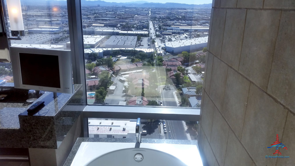 A view from the bathtub inside the bathroom of a Salon Suite hotel room at Palms Casino Resort in Las Vegas, Nevada.