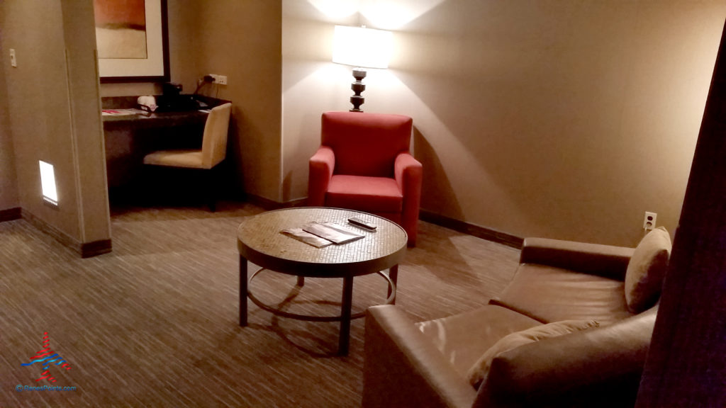 A sitting area and work station are seen inside a Salon Suite hotel room at Palms Casino Resort in Las Vegas, Nevada.