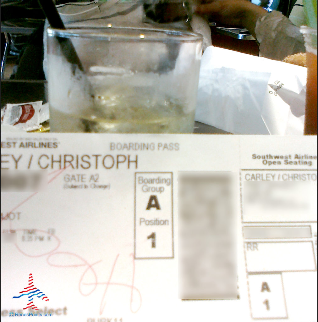 A Southwest Airlines A1 boarding pass ("Business Select") is seen at the bar inside Terminal A of Hollywood Burbank Airport / Bob Hope Airport in Burbank, California (BUR).
