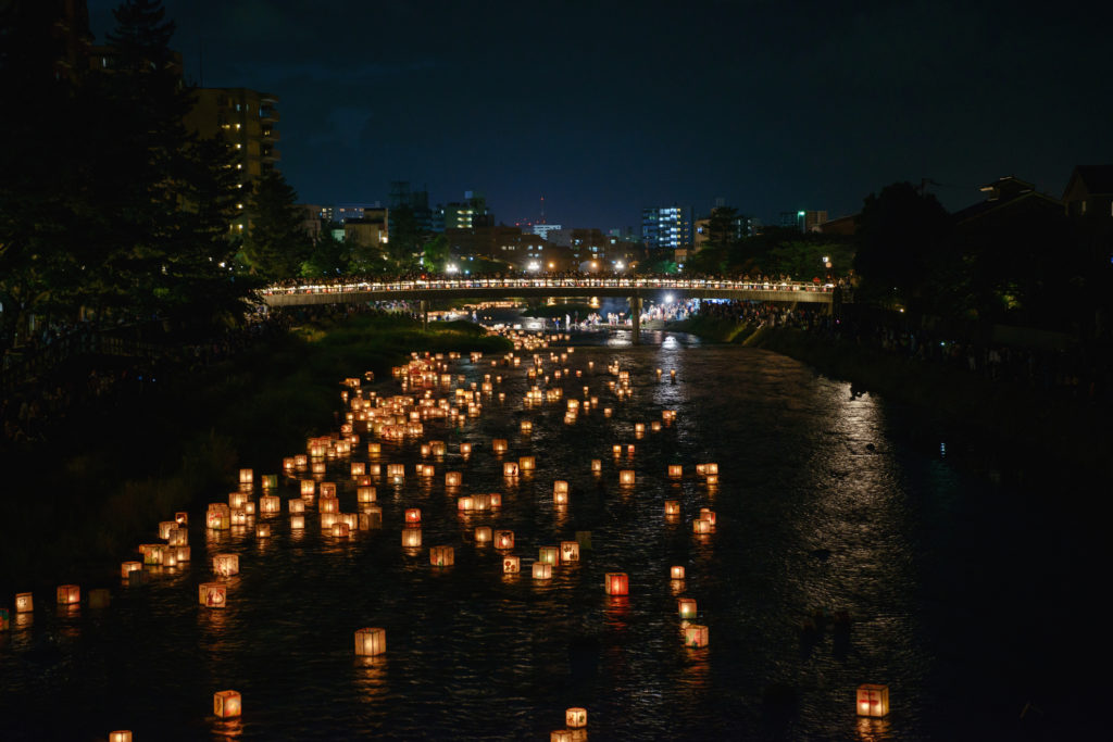 Floating lanterns on the water in Kanazawa city, Japan