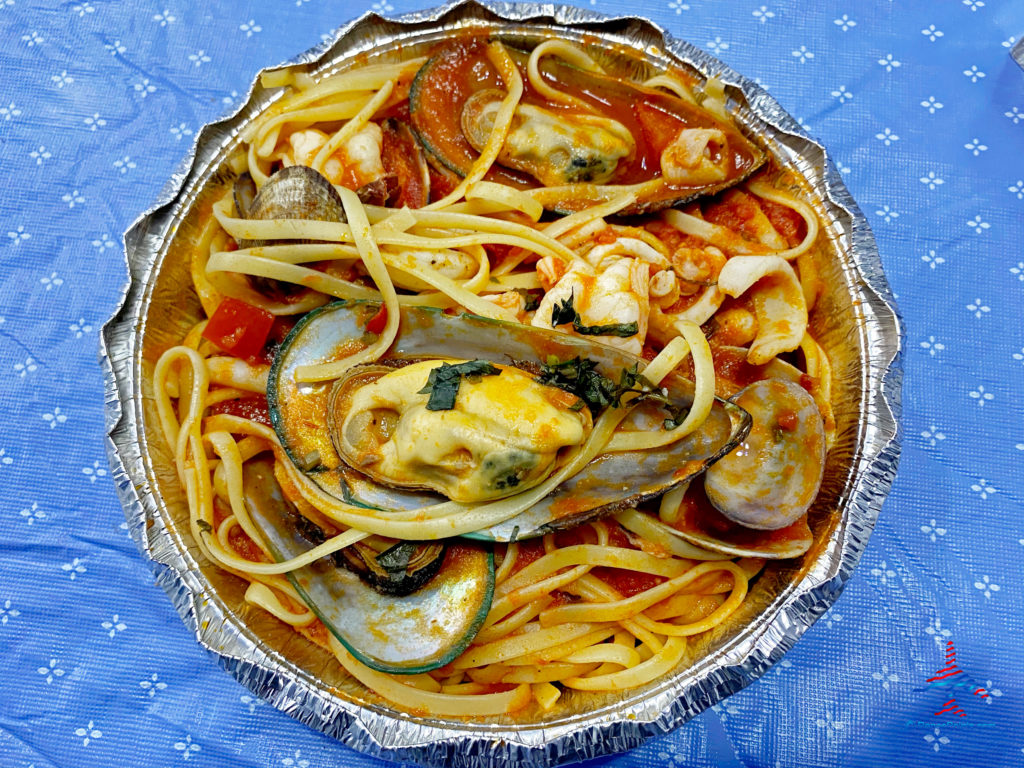Pasta Pescatore from a food delivery.