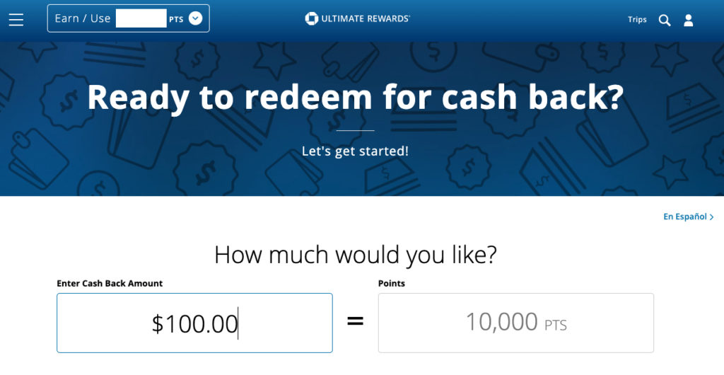 Redeeming 10,000 Chase Ultimate Rewards® points for $100 statement credit.