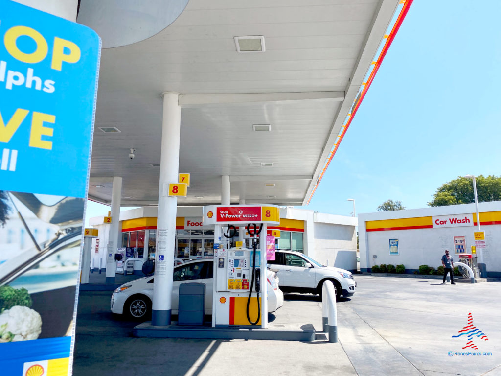 Cars and gas pumps are seen at a Shell gas station in Los Angeles, California.