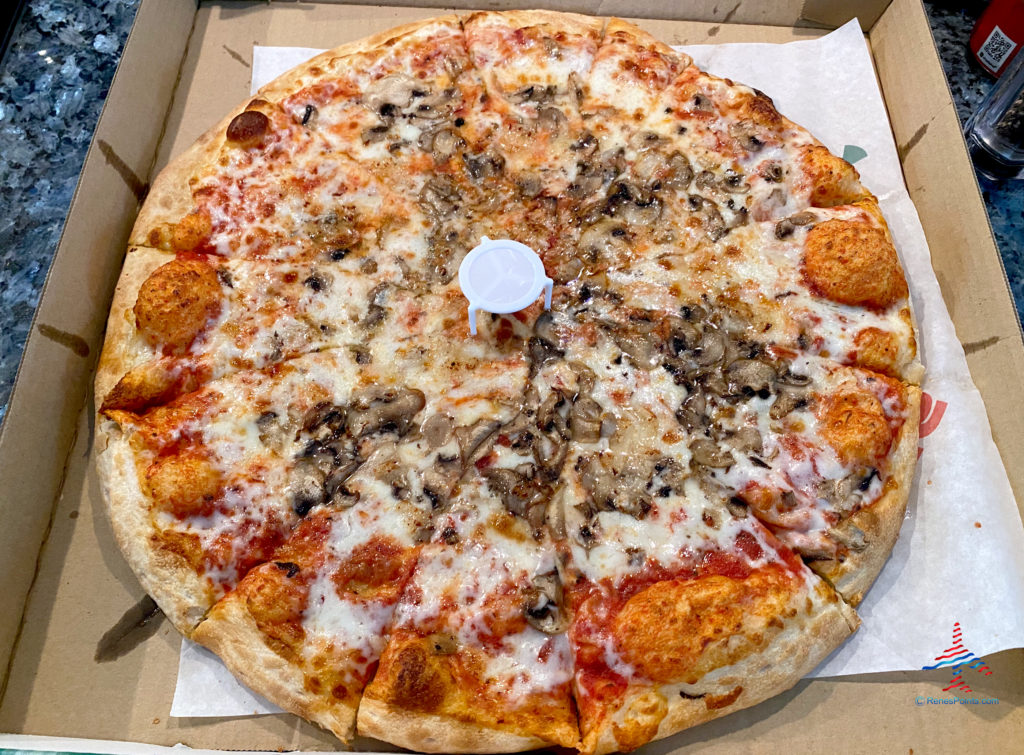 Mushroom, garlic and cheese pizza from a food delivery service.