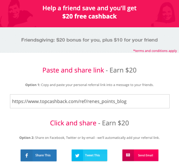 TopCashback's Friendsgiving referral bonus promotion.