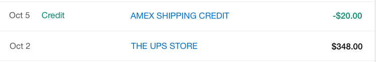 A UPS Store shipping credit posted to a Business Platinum from American Express account.