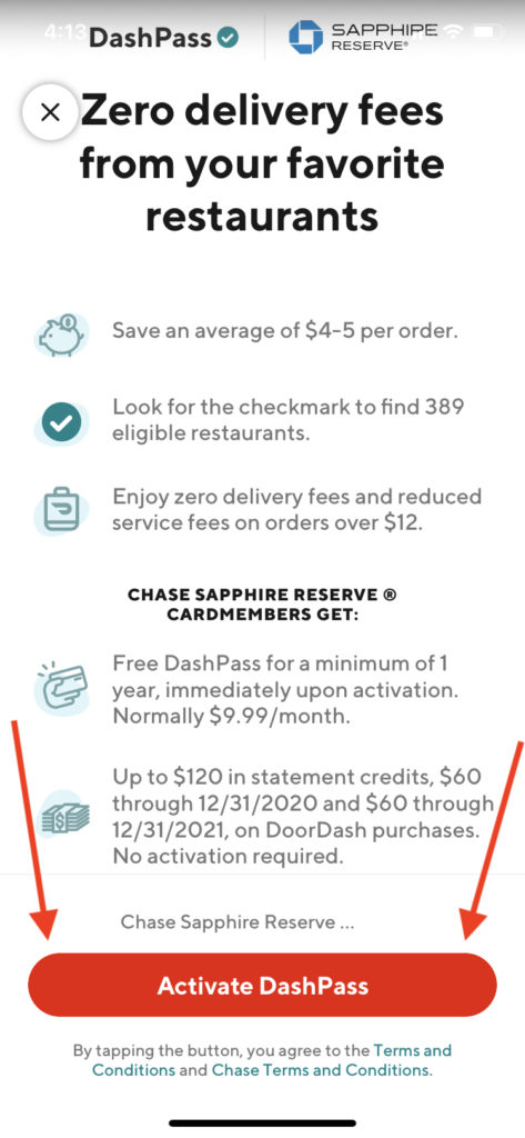 Activate you Chase Sapphire Reserve® DoorDash benefits in the DoorDash app.