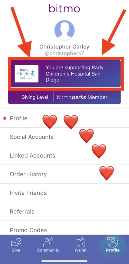 Bitmo donates to charities! I chose Rady Children's Hospital.