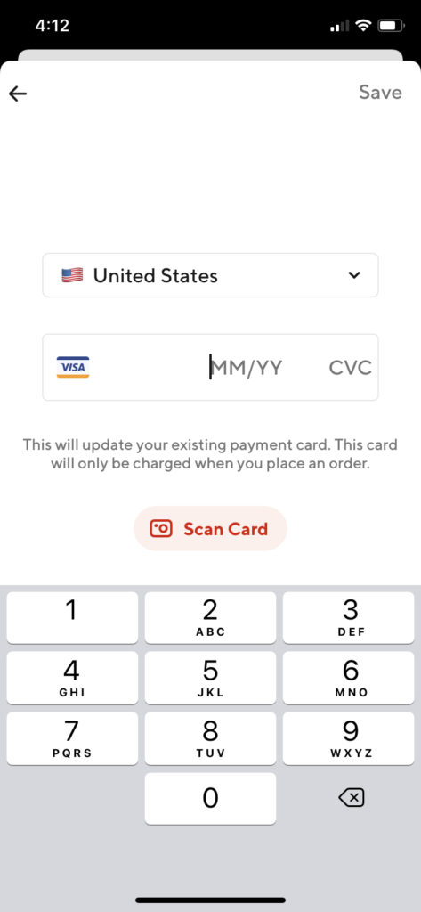 Manually enter or scan your Chase Sapphire Reserve®'s credit card information into the DoorDash app.