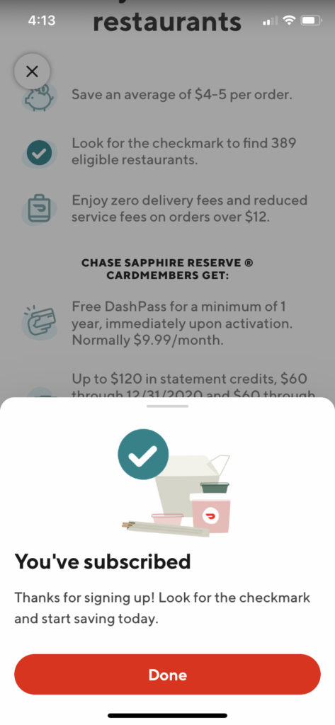 Chase Sapphire Reserve® DoorDash benefits activation confirmed.
