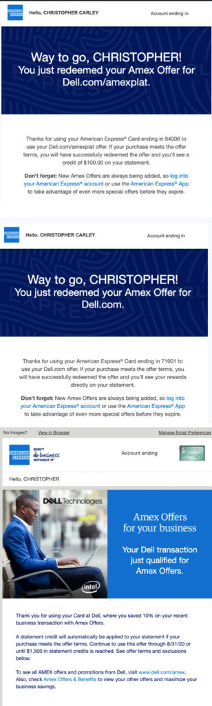 Emails confirming multiple Amex Offers for Dell purchases.