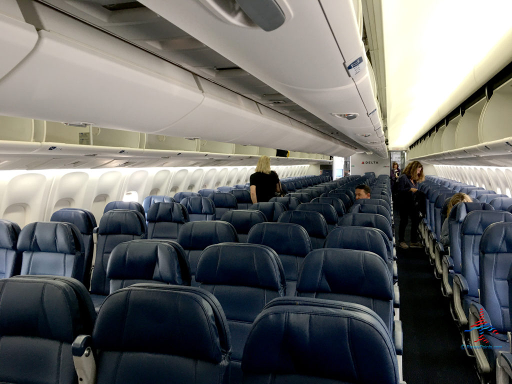 The Main Cabin coach section of a Delta Air Lines 767-300 aircraft, seen prior to an LAX to New York JFK flight.