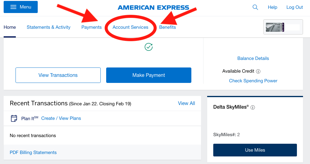 Select "Account Services" on your American Express account's page.