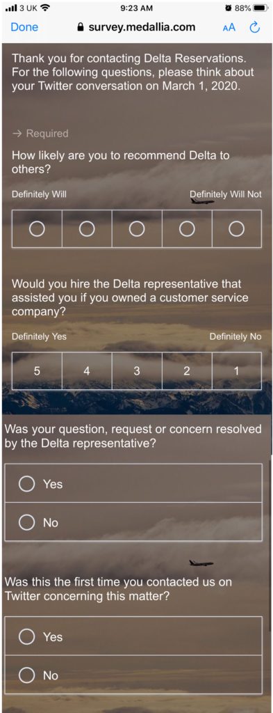 @Delta Twitter survey questions