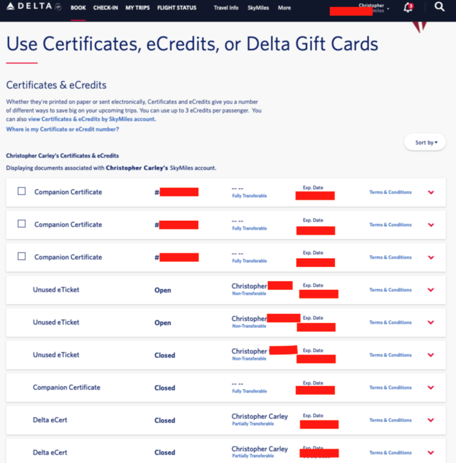 Successful login to the Delta Certificates, eCredits, or Delta Gift Cards Page -- using Safari