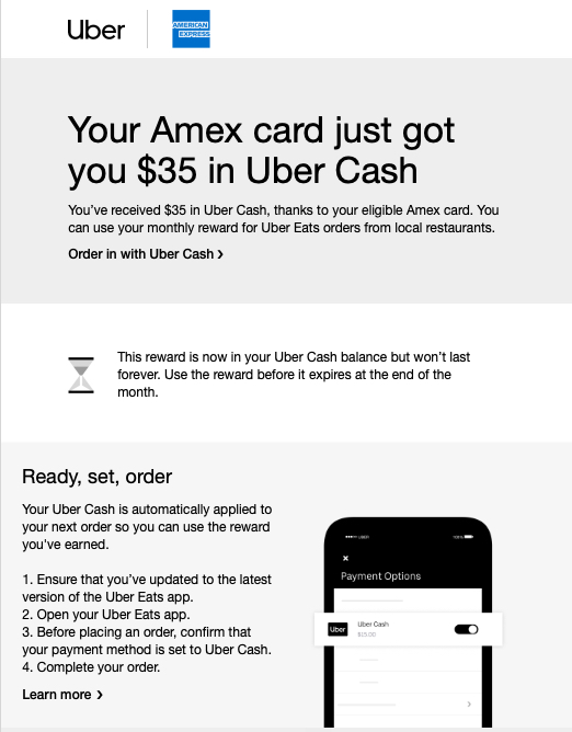 $35 Uber Cash deposit for December 2020