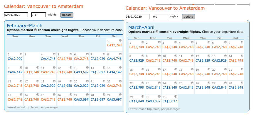 Calendar of AeroMexico business class mileage run dates -- Vancouver to Amsterdam (via Mexico City)