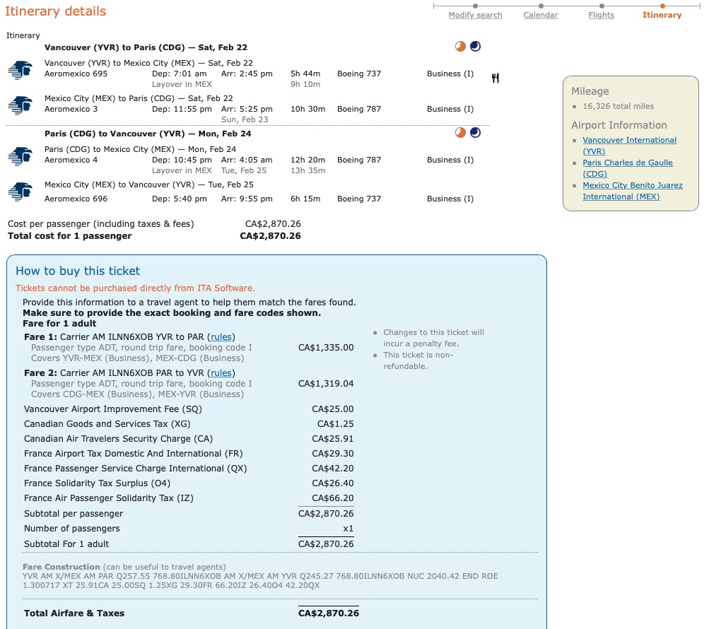 Vancouver to Paris AeroMexico business class mileage run itinerary.
