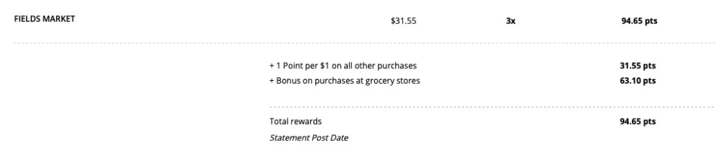Grocery store earnings on a purchase made with a Chase Sapphire Reserve card.