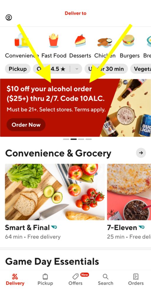 Save $10 off eligible DoorDash alcohol orders of $25 or more through February 7.