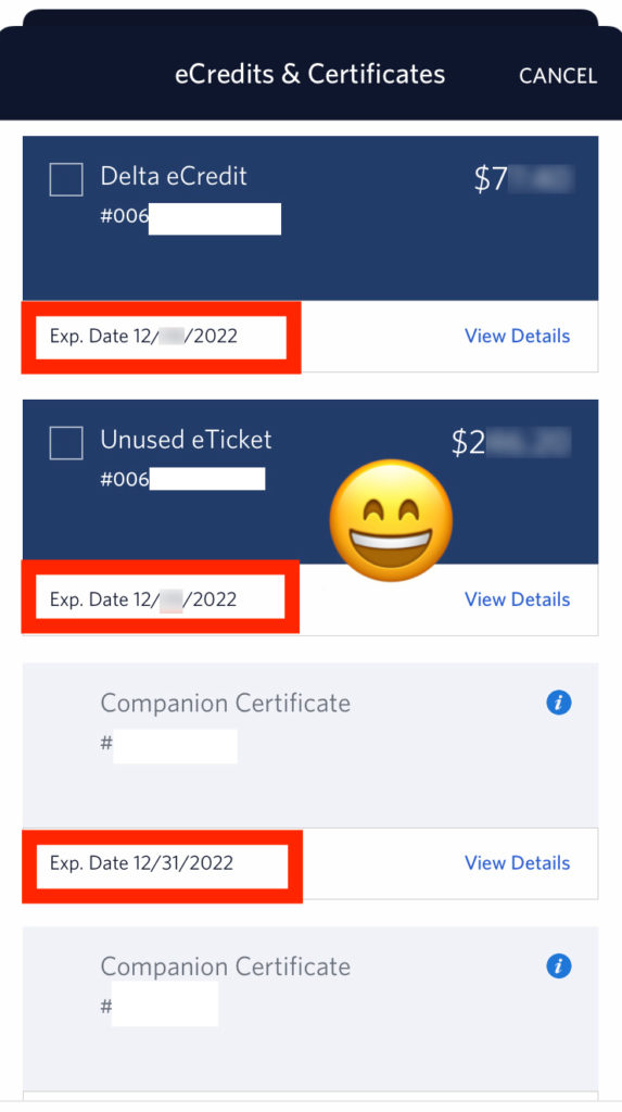 Companion Certificates and travel vouchers appear extended in the Fly Delta app. (Alas, they're not.)