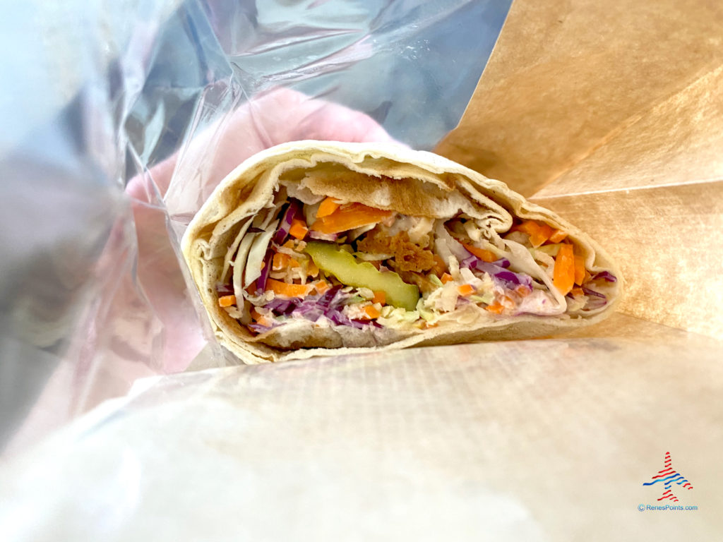 A fried chicken wrap from the American Express Centurion Lounge LAX is seen inside the Tom Bradley International Terminal (TBIT) at Los Angeles International Airport in Los Angeles, CA. (©Chris Carley/RenesPoints.com)