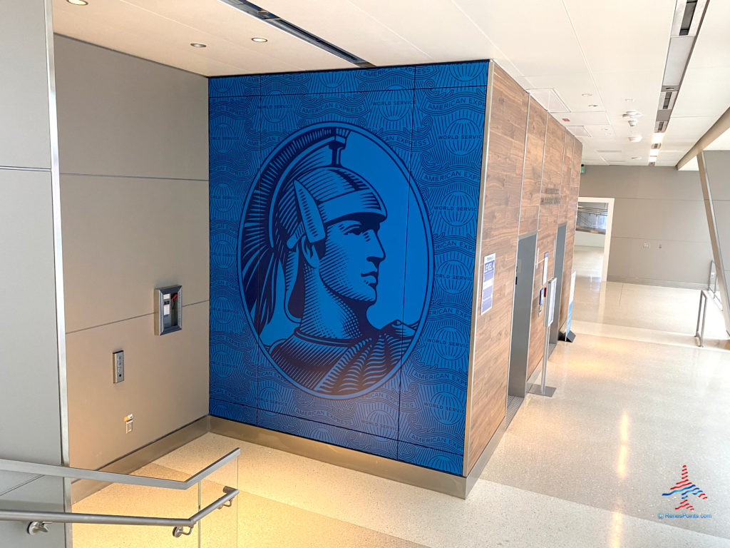 The American Express Centurion logo is seen on a wall in the elevator alcove for the American Express Centurion Lounge LAX inside the Tom Bradley International Terminal (TBIT) at Los Angeles International Airport in Los Angeles, CA. (©Chris Carley/RenesPoints.com)