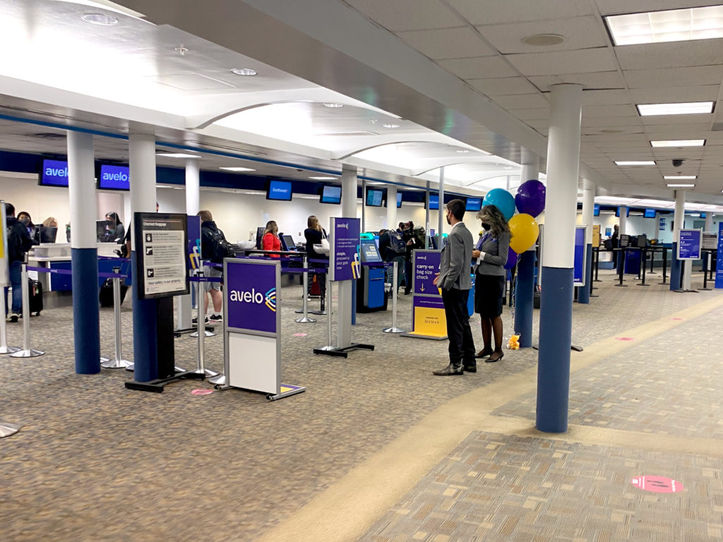 The Avelo Airlines check-in area is seen at Hollywood Burbank Airport in Burbank, California (BUR) on Wednesday, April 28, 2021.
