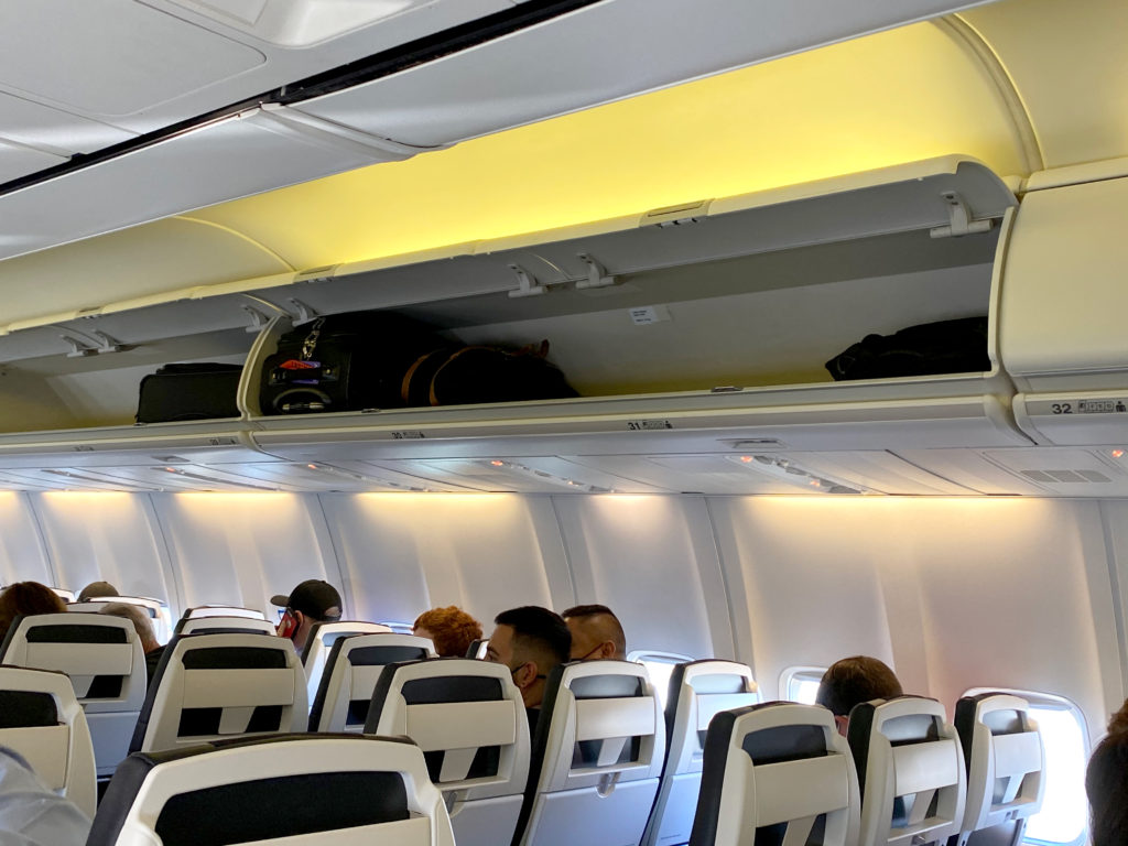 Overhead bins are seen Avelo Airlines’ first passenger flight, XP101. The trip traveled from Hollywood Burbank Airport in Burbank, California (BUR) to Charles M. Schulz–Sonoma County Airport in Santa Rosa, California (STS) on Wednesday, April 28, 2021.