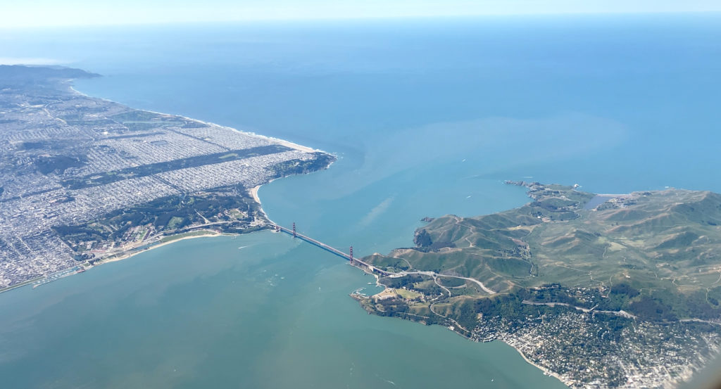 The Golden Gate Bridge, San Francisco Bay, and Pacific Ocean are seen during Avelo Airline's first passenger flight. The trip traveled from Hollywood Burbank Airport (BUR) and up the California coast to Charles M. Schulz–Sonoma County Airport (STS) on Wednesday, April 28, 2021.