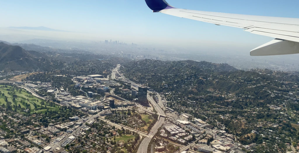 Universal City, Burbank, and downtown Los Angeles are seen just after takeoff of Avelo Airlines' first passenger flight. The trip traveled from Hollywood Burbank Airport in Burbank, California (BUR) to Charles M. Schulz–Sonoma County Airport in Santa Rosa, California (STS) on Wednesday, April 28, 2021.