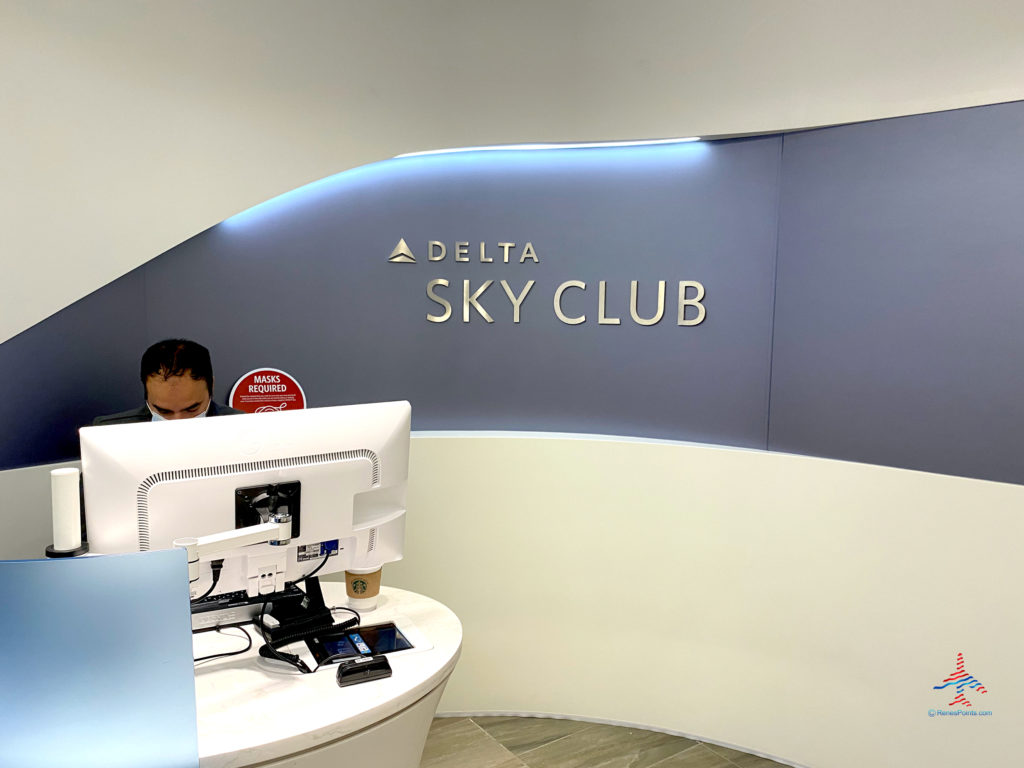 The main entrance is seen inside the Delta Sky Club airport lounge “satellite” annex inside Terminal 2 at Los Angeles International Airport (LAX) in Los Angeles, CA.